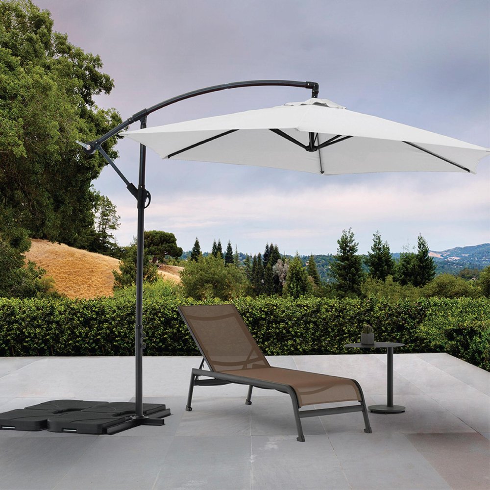 White Cantilever Patio Umbrella with Stand — 9.5'