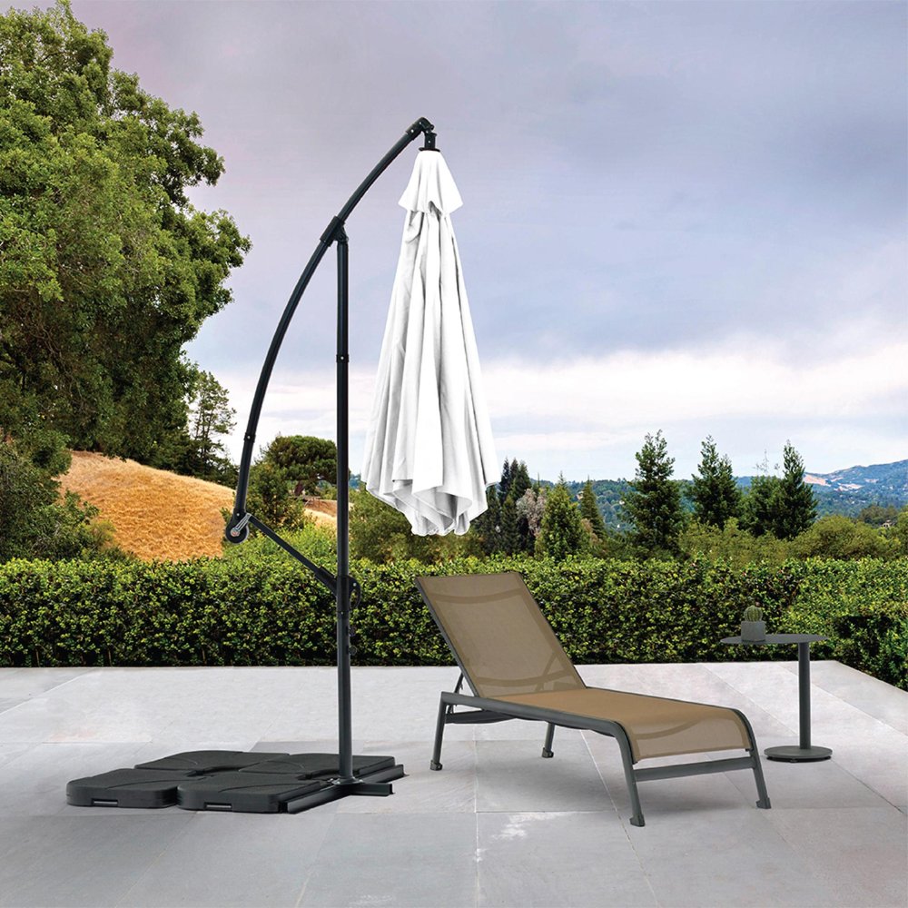 White Cantilever Patio Umbrella with Stand — 9.5'