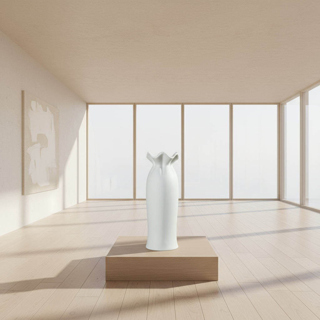 A white ceramic vase with a minimalist design, displayed on a table with dimensions provided in the image.