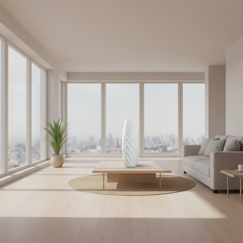 A white ceramic vase with a minimalist design, displayed on a table with dimensions provided in the image.