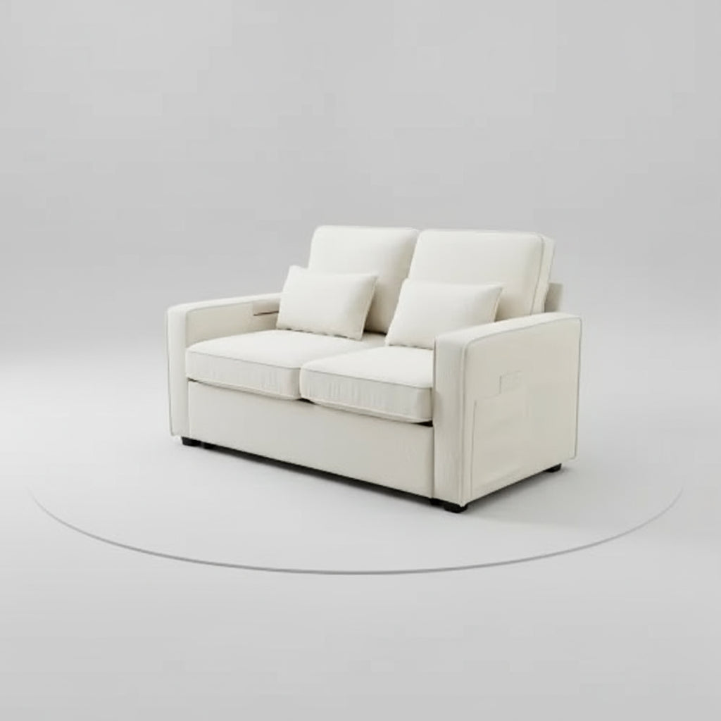 Beige sofa with cushions on a white background