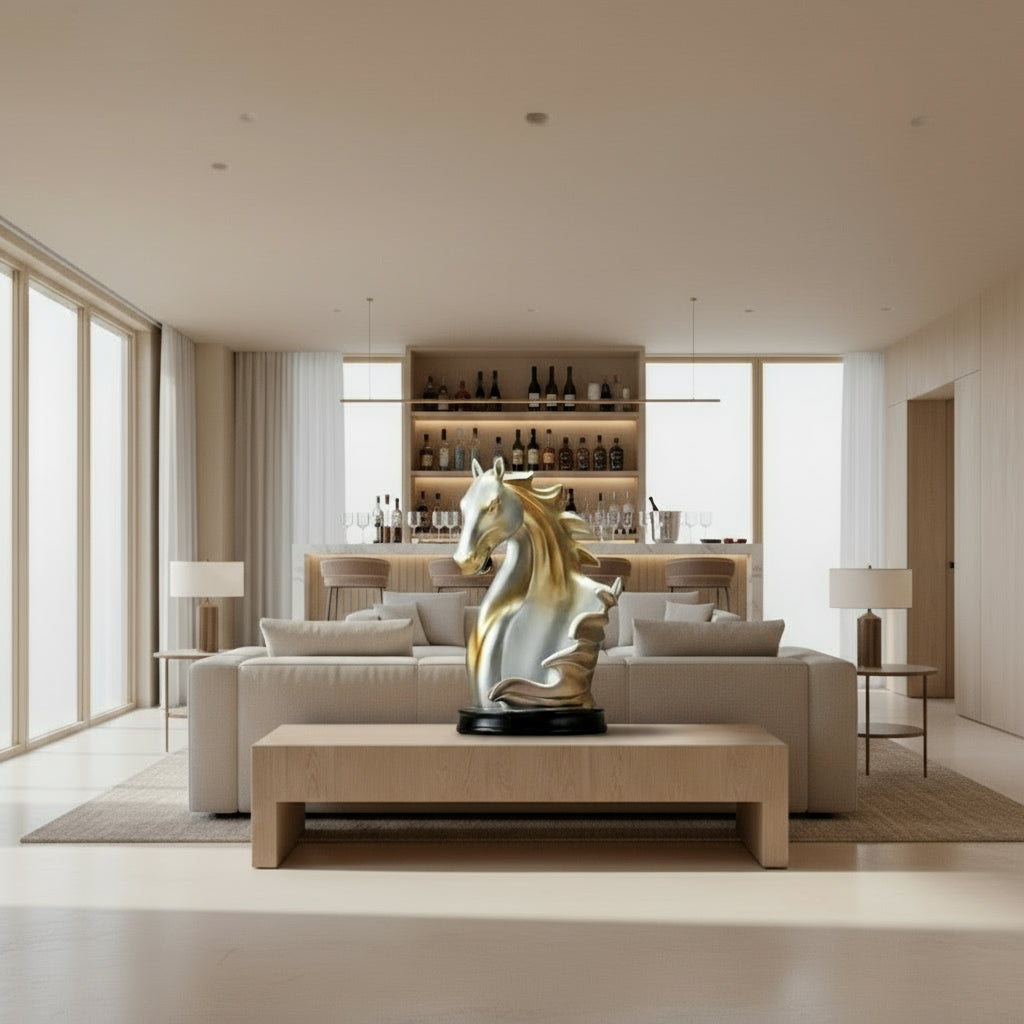 A minimalist chic bronze horse sculpture with dimensions 31cm height, 17cm width, and 20cm base.