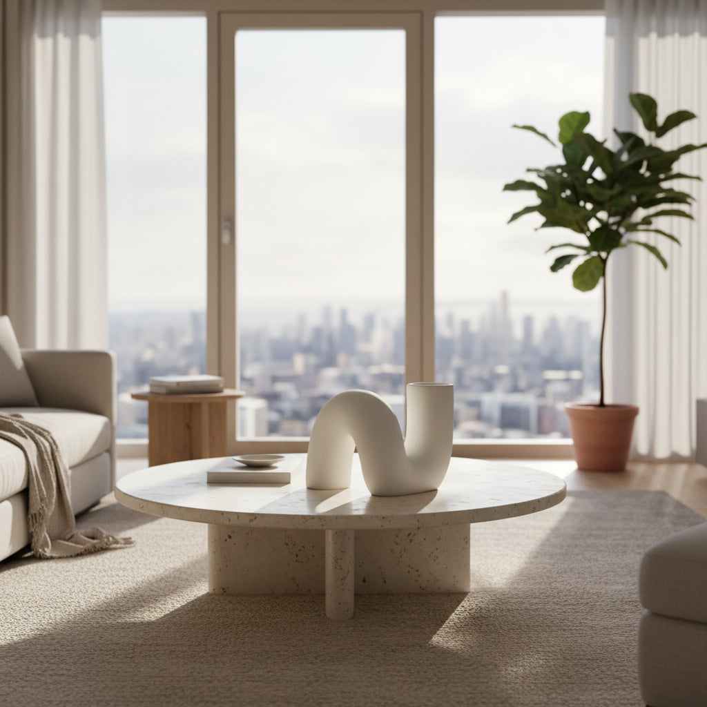 A white, minimalist, ceramic flower vase with an abstract and twisted shape.