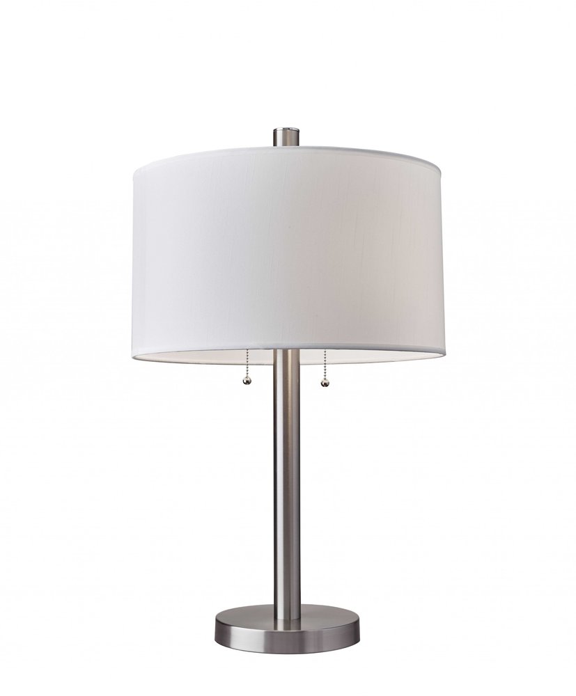 Silver Metal Two Light Bedside Table Lamp With White Drum Shade