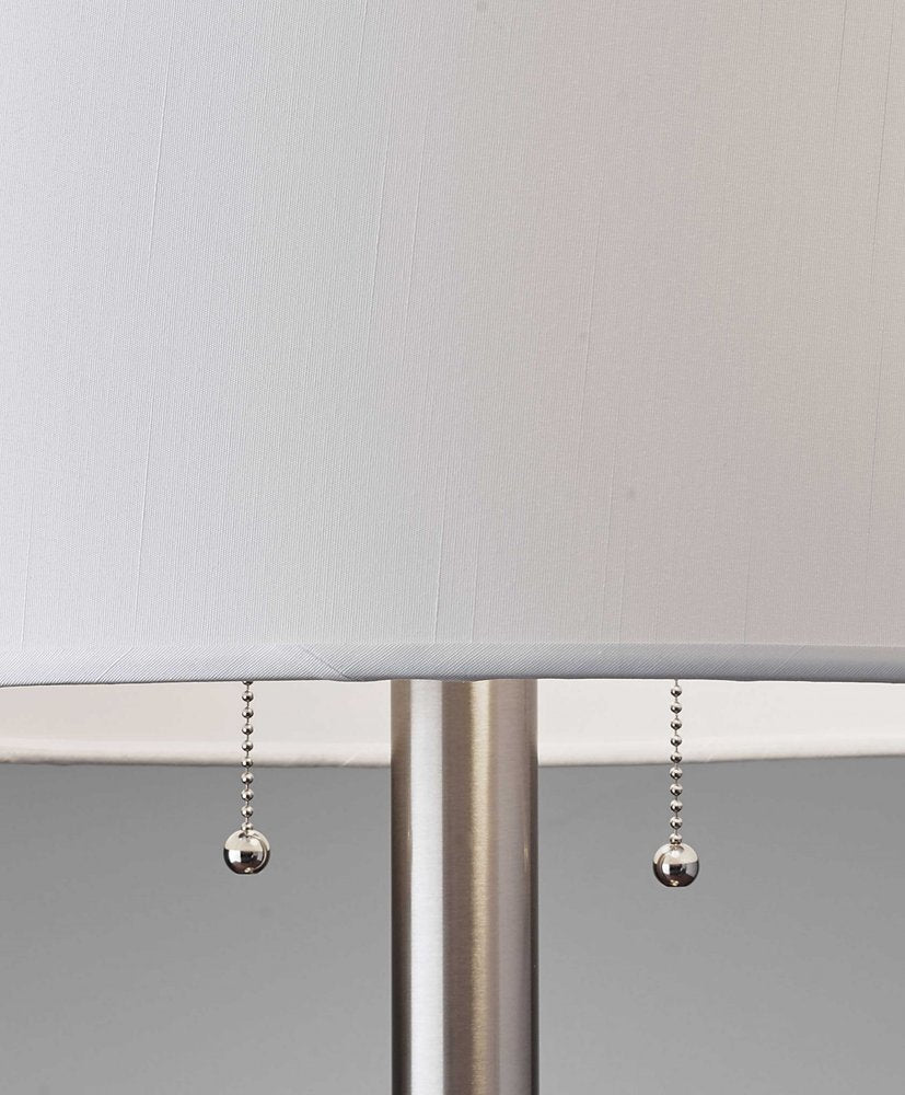 Silver Metal Two Light Bedside Table Lamp With White Drum Shade