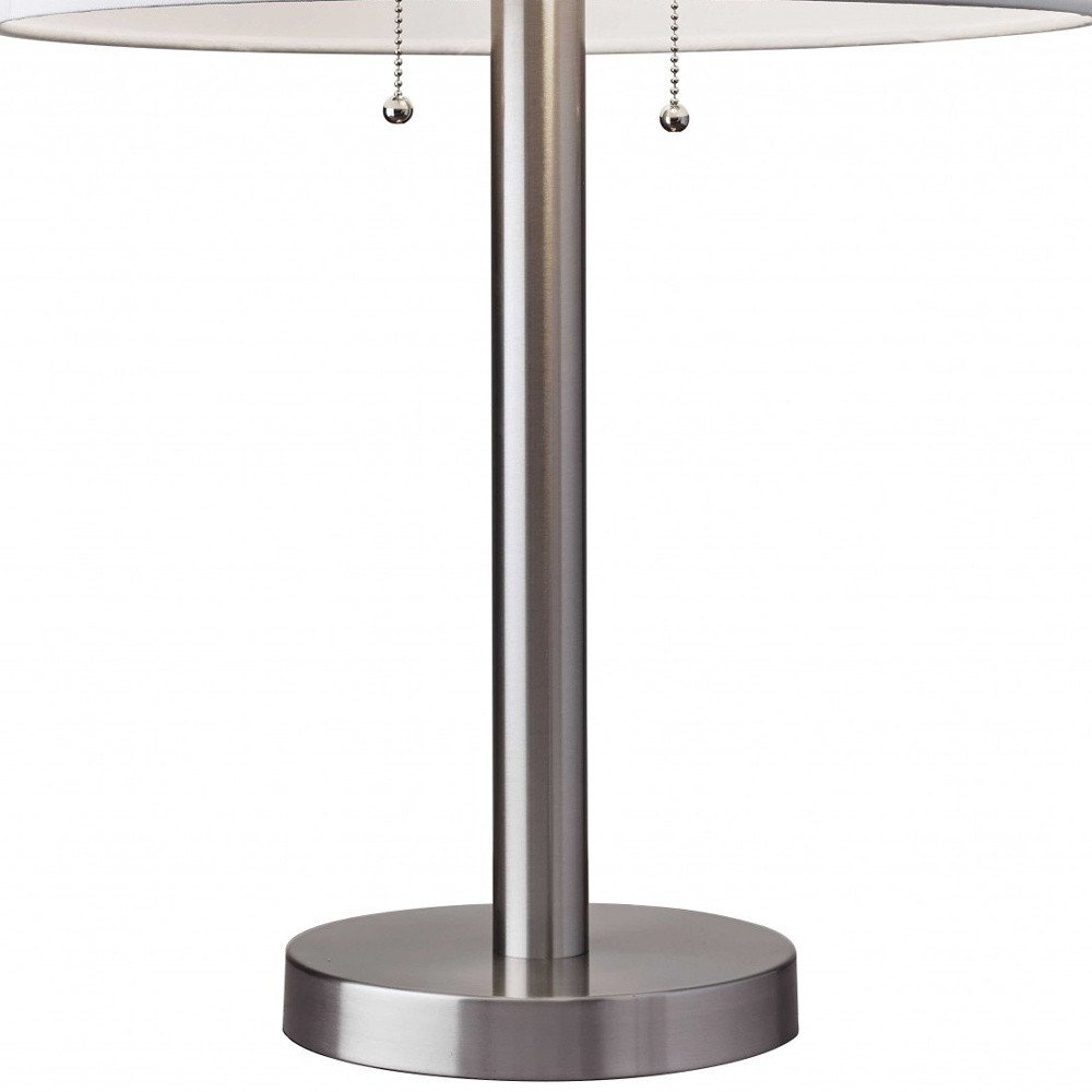 Silver Metal Two Light Bedside Table Lamp With White Drum Shade