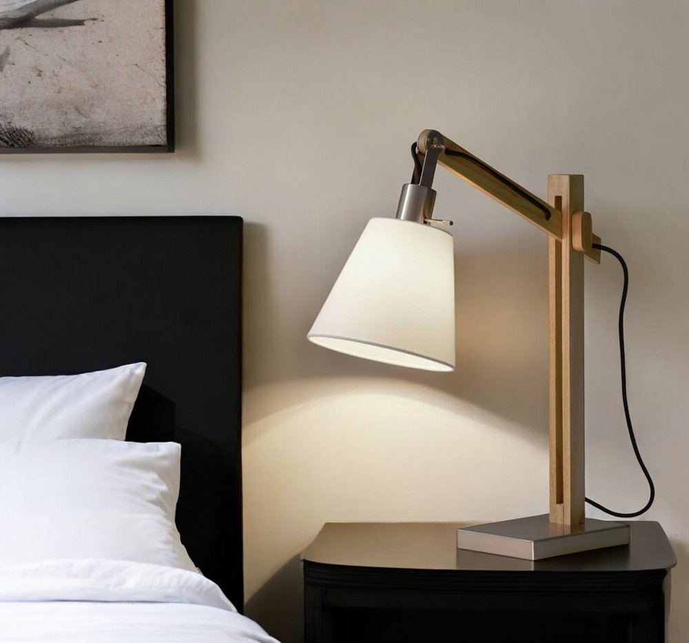 Natural Wood Adjustable Height Table Lamp With White Bell Shade