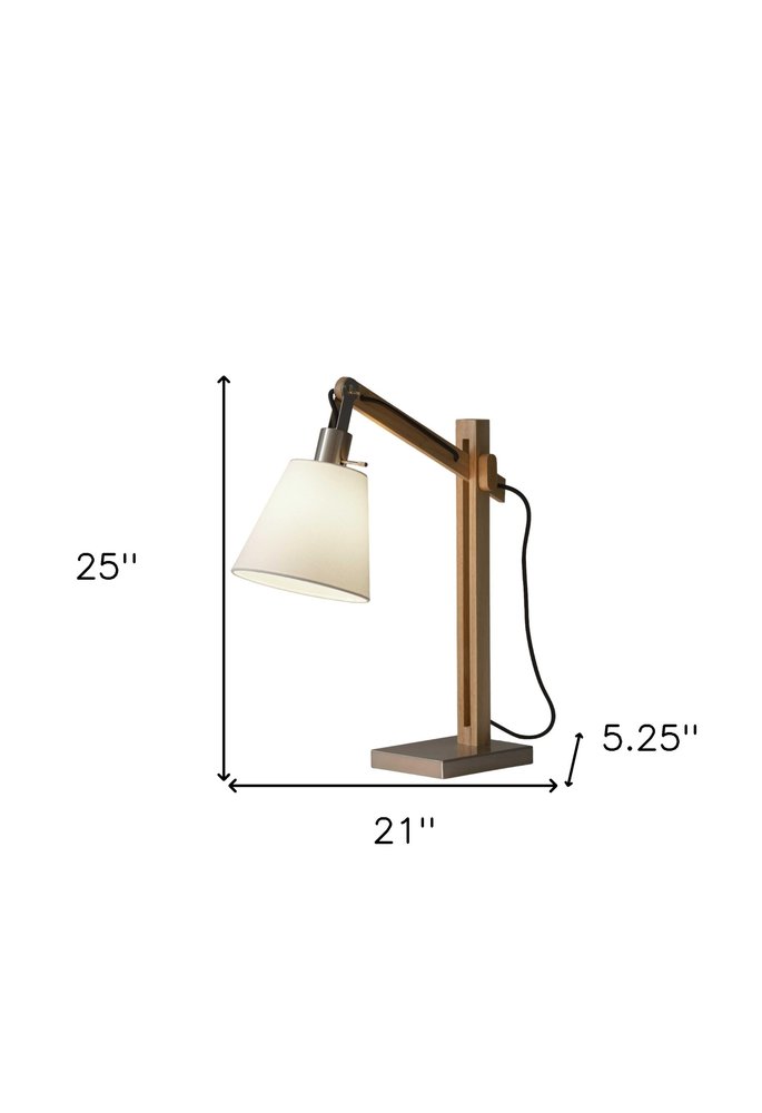 Natural Wood Adjustable Height Table Lamp With White Bell Shade