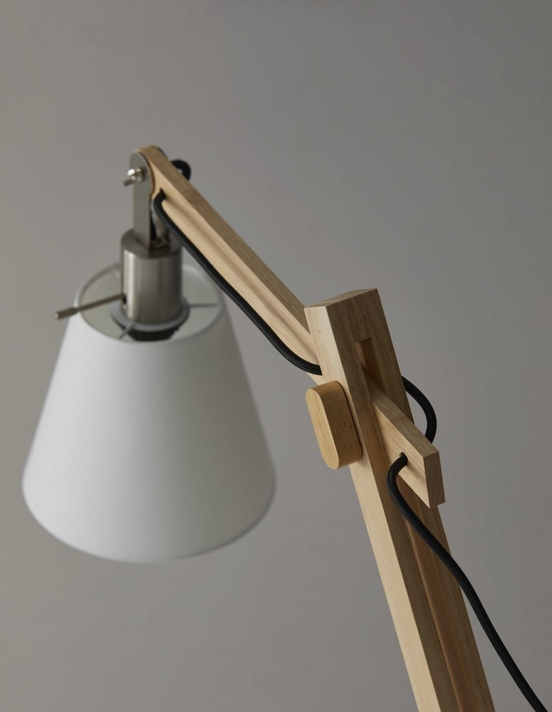 Natural Wood Adjustable Height Table Lamp With White Bell Shade