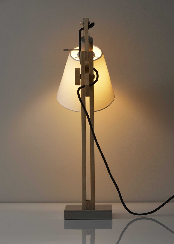 Natural Wood Adjustable Height Table Lamp With White Bell Shade
