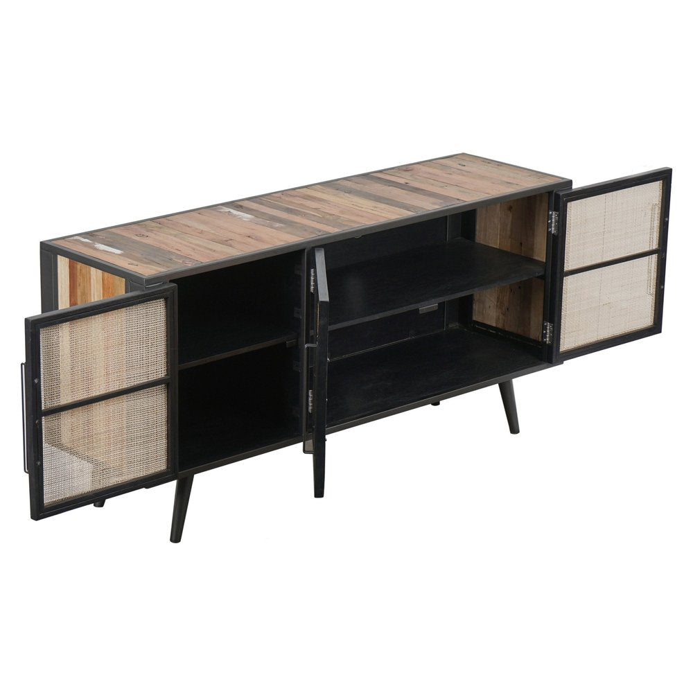 Rustic Black & Natural Rattan Media Cabinet - Three Door Design