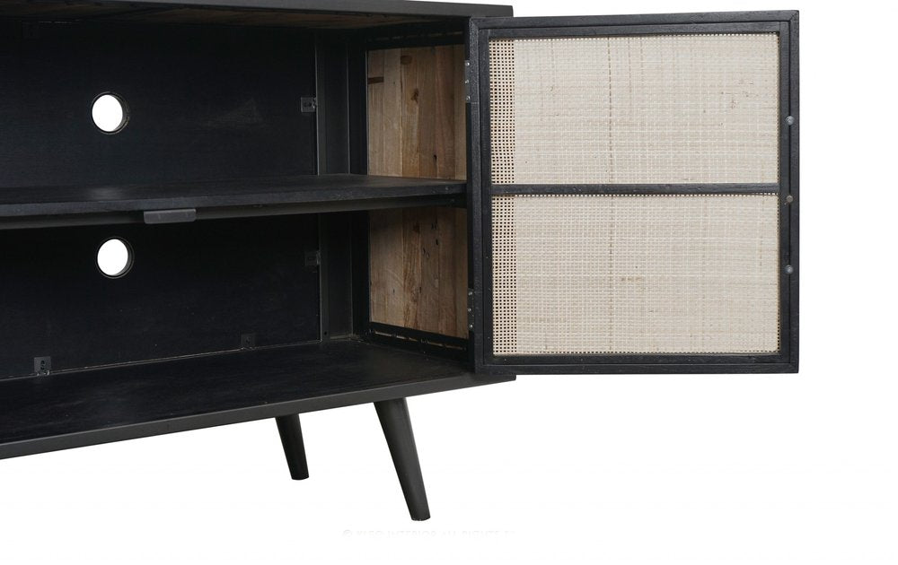 Rustic Black & Natural Rattan Media Cabinet - Three Door Design