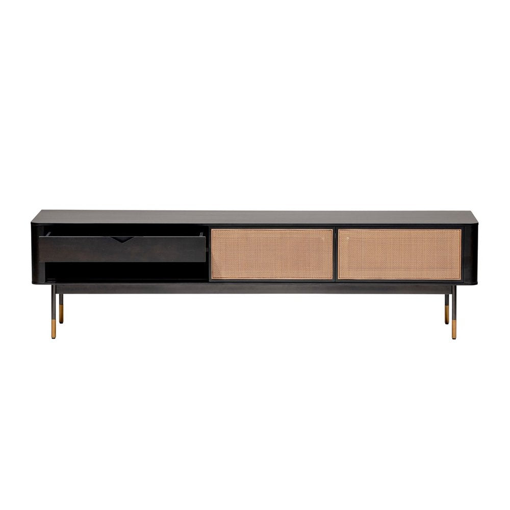 Black Wood & Wicker Media Console - Natural Texture Design