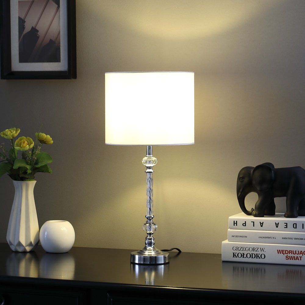 Silver Metal & Faux Crystal Table Lamp with White Drum Shade