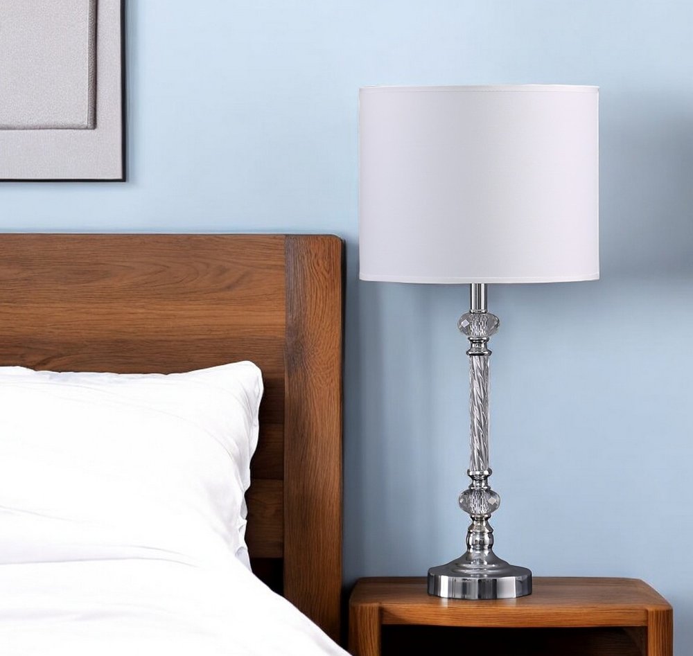 Silver Metal & Faux Crystal Table Lamp with White Drum Shade