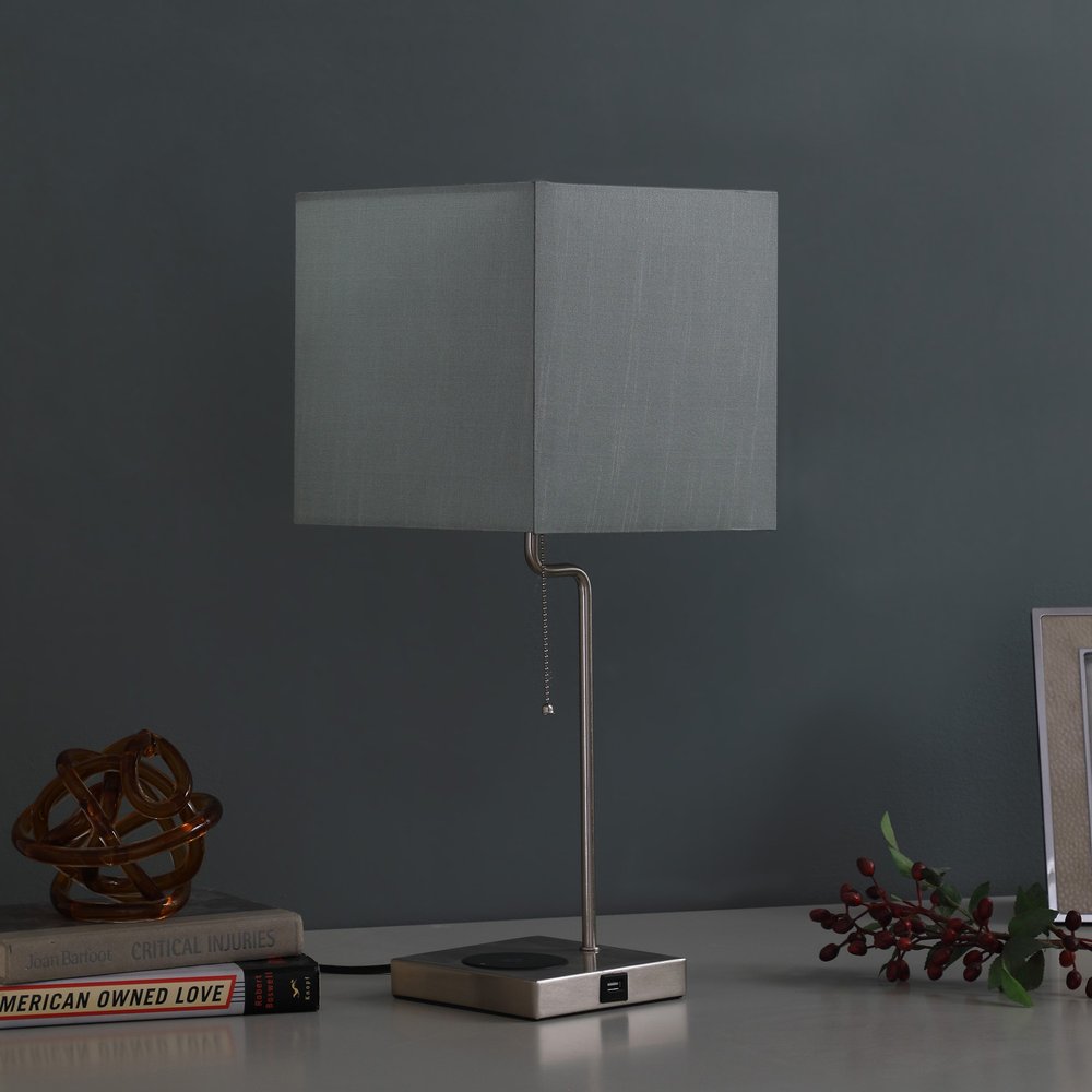 Gray Bedside Table Lamp with Square Shade - Modern Design