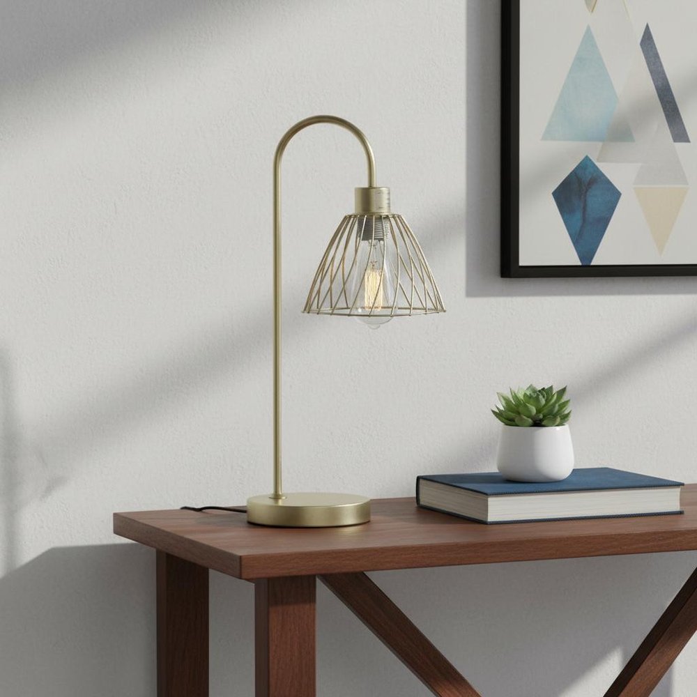 Gold Bedside Table Lamp with Cage Shade - Modern Glam Design