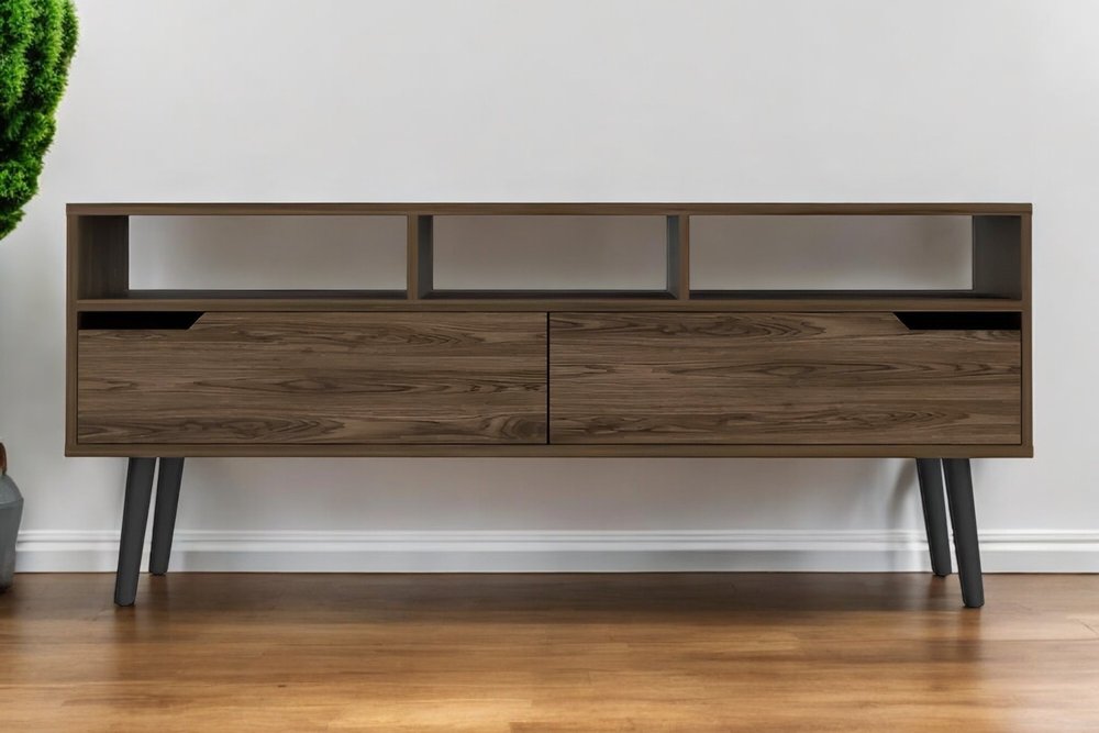 Dark Wood Media Console with Storage - Contemporary Elegance