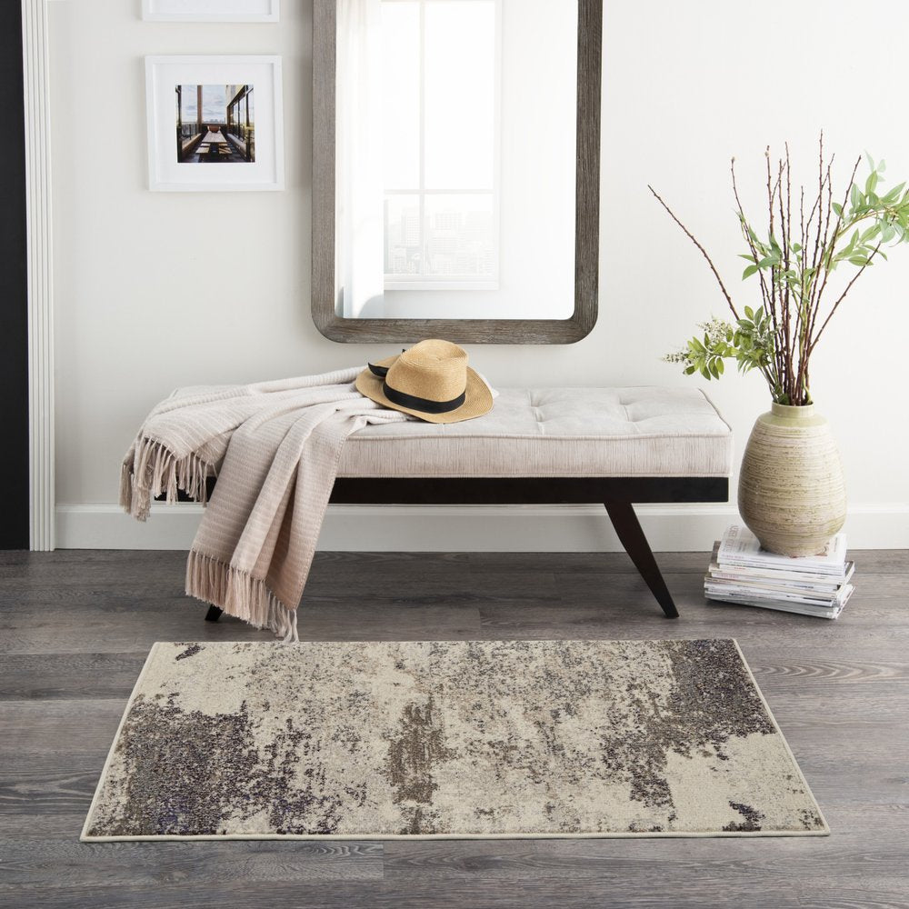 Ivory Gray Abstract Power Loom Non-Skid Area Rug - 5x7 | AUREMI