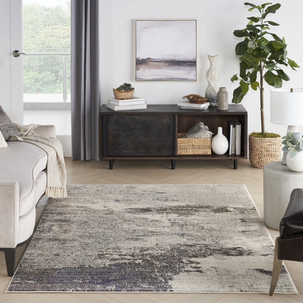 Ivory Gray Abstract Power Loom Non-Skid Area Rug - 5x7 | AUREMI