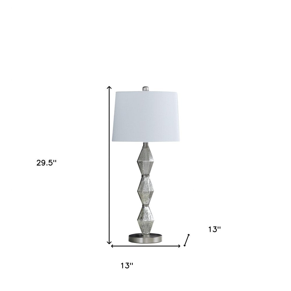 Brushed Silver Geometric Glass Table Lamp with White Shade