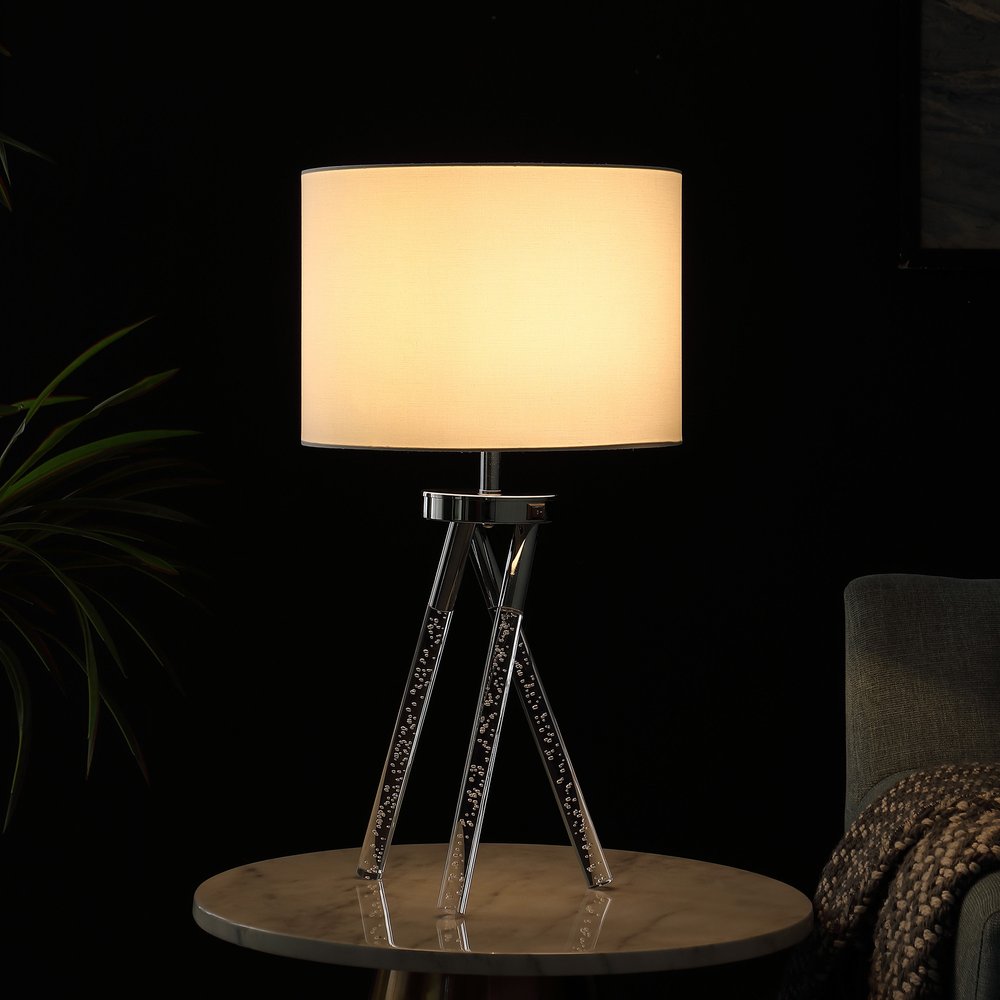 Silver LED Tripod Table Lamp with White Shade