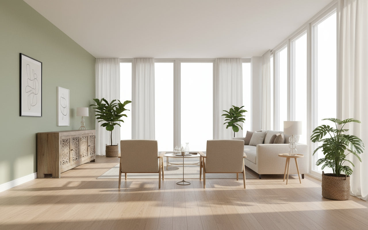 Wooden sideboard with intricate carvings against a green wall