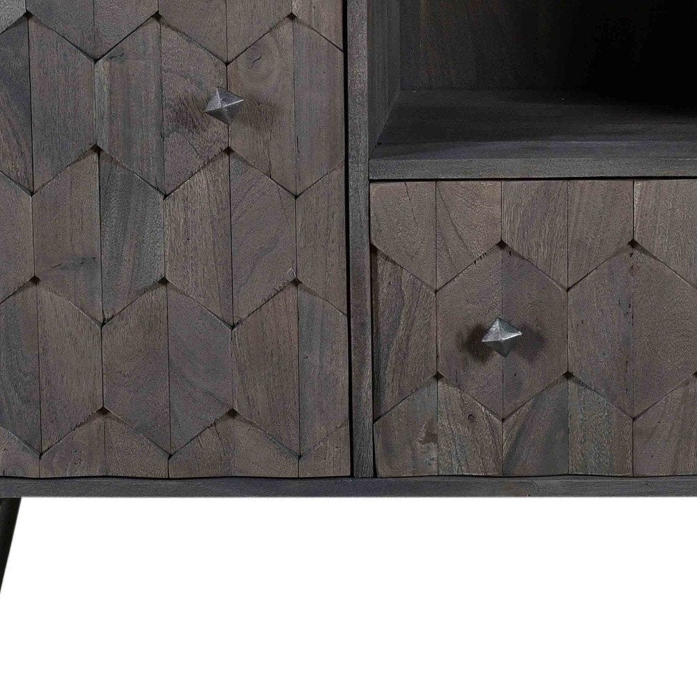 Dark wooden cabinet with geometric pattern and metallic knobs on a white background