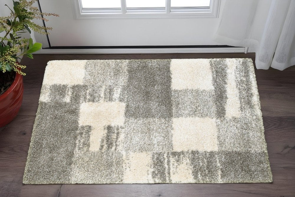 Grey Ivory Silver Geometric Shag Area Rug - 2x3 Retro | AUREMI