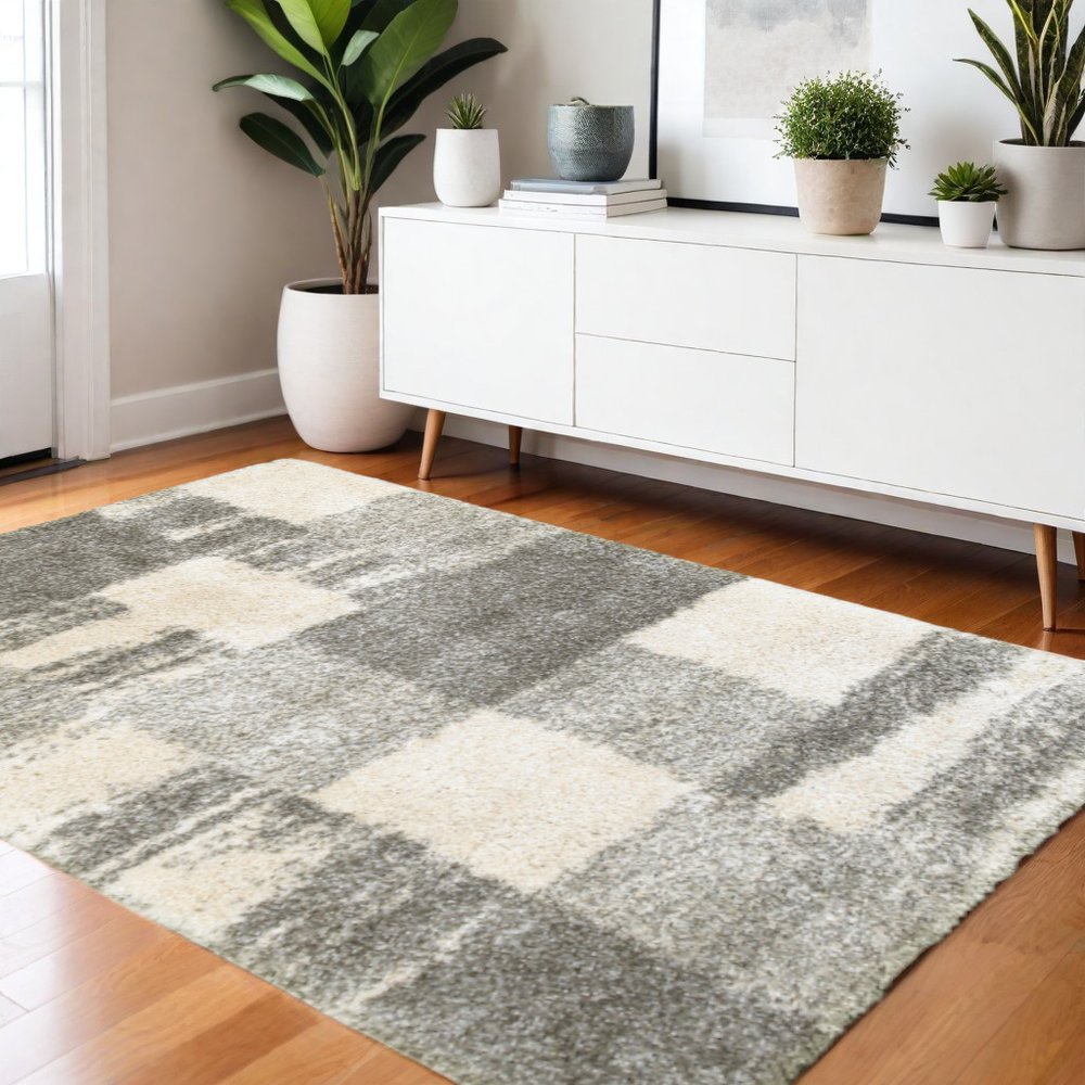 Grey Ivory Silver Geometric Shag Area Rug - 2x3 Retro | AUREMI
