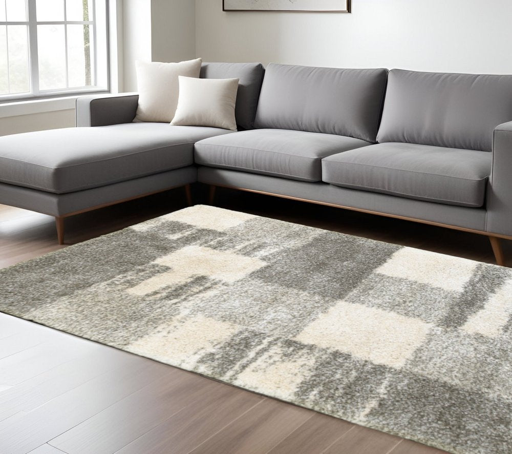 Grey Ivory Silver Geometric Shag Area Rug - 2x3 Retro | AUREMI