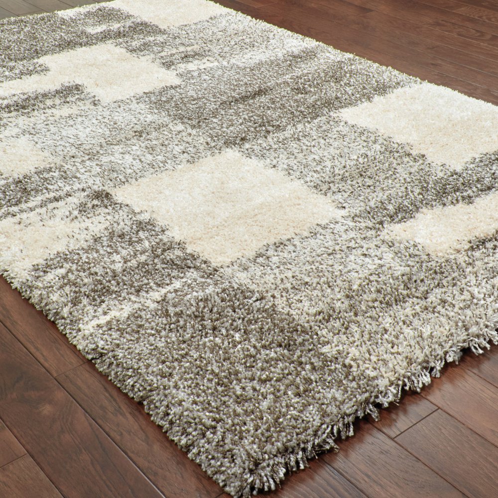 Grey Ivory Silver Geometric Shag Area Rug - 2x3 Retro | AUREMI