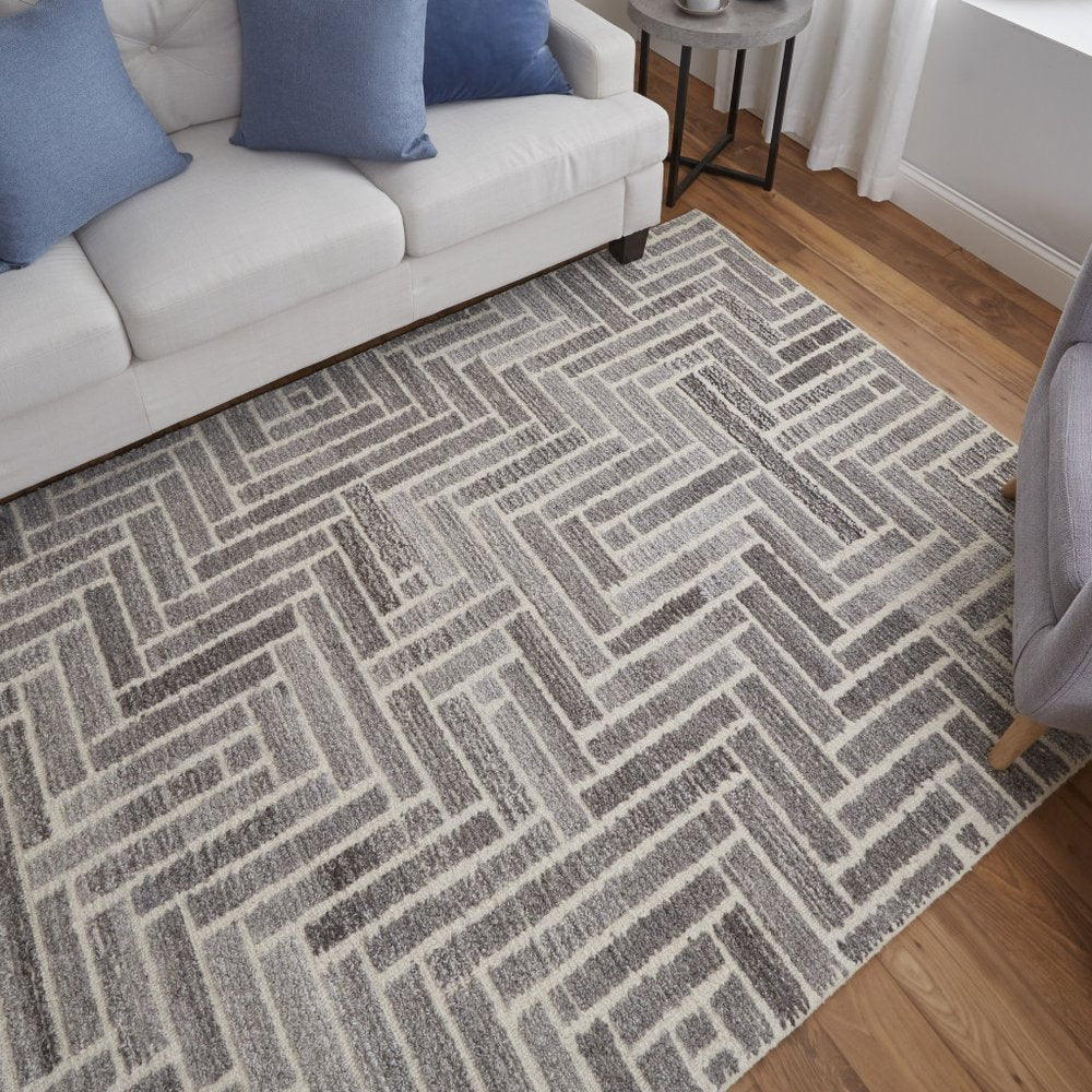 Tan & Gray Geometric Wool Rug - Hand-Tufted Artisan Design