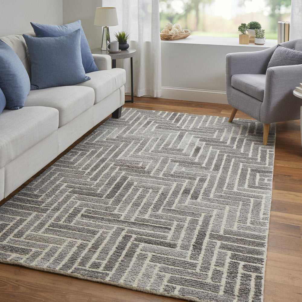 Tan & Gray Geometric Wool Rug - Hand-Tufted Artisan Design