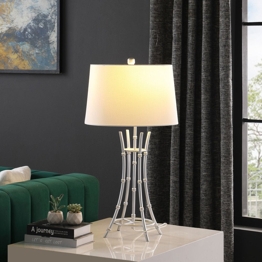 Silver Bamboo Design Table Lamp with Off-White Drum Shade