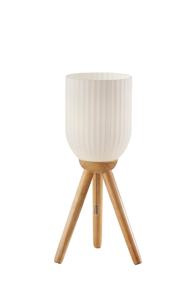 Natural Wood Tripod Table Lamp with Ribbed Glass Shade