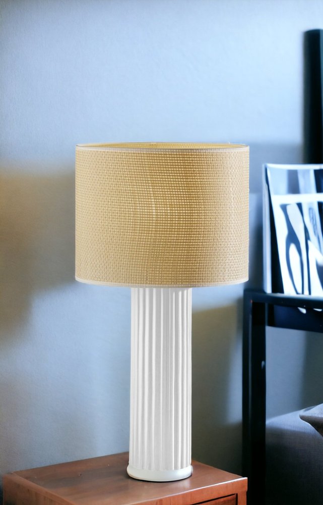 White Ceramic Cylinder Table Lamp with Beige Drum Shade