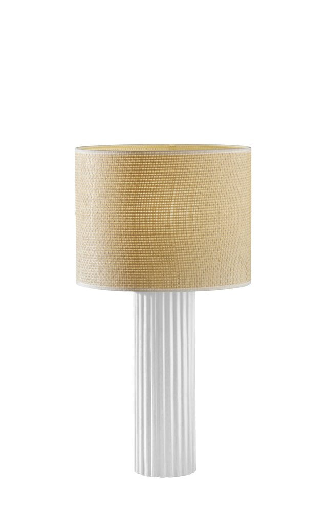 White Ceramic Cylinder Table Lamp with Beige Drum Shade