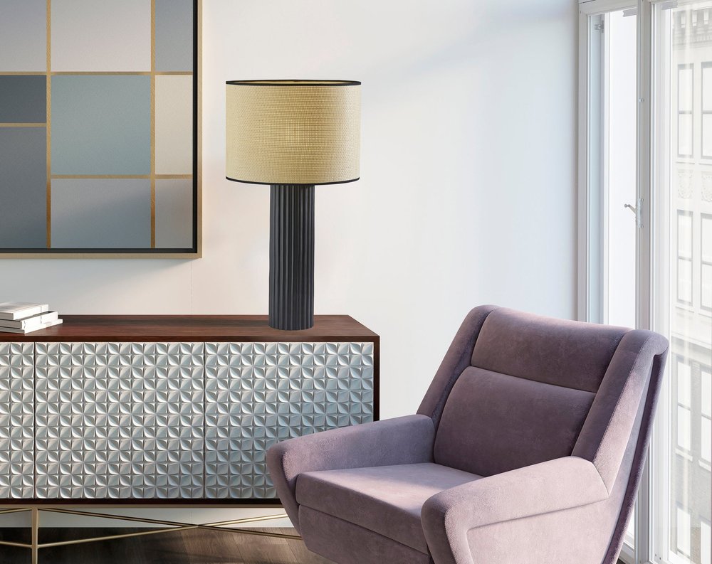 Black Ceramic Cylinder Table Lamp with Beige Drum Shade