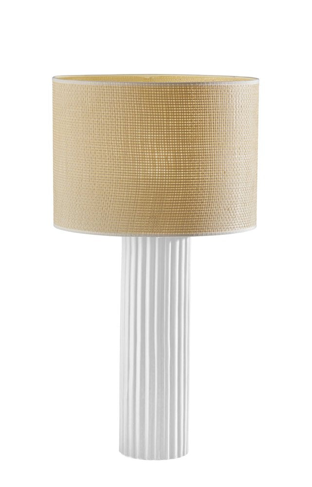 White Ceramic Table Lamp - Minimalist Cylinder Lamp with Beige Shade