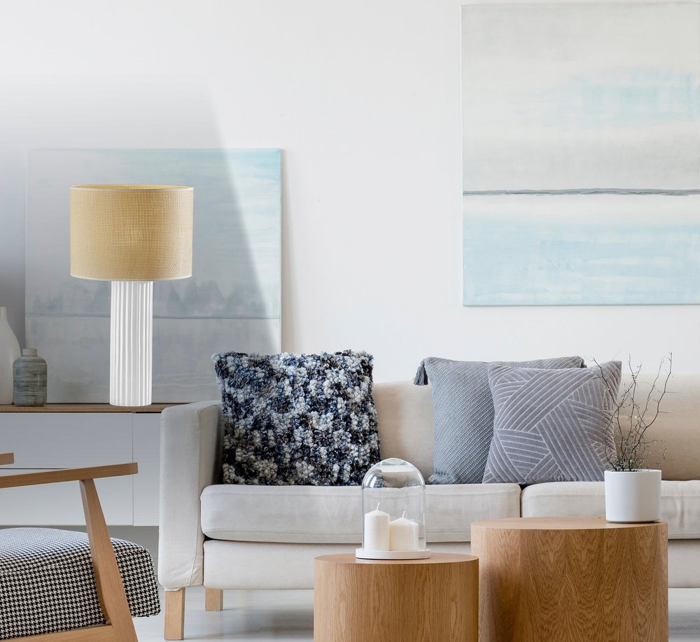 White Ceramic Table Lamp - Minimalist Cylinder Lamp with Beige Shade