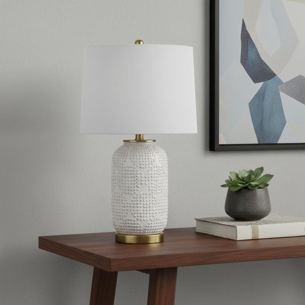 24" Ivory Metal Table Lamp With White Drum Shade