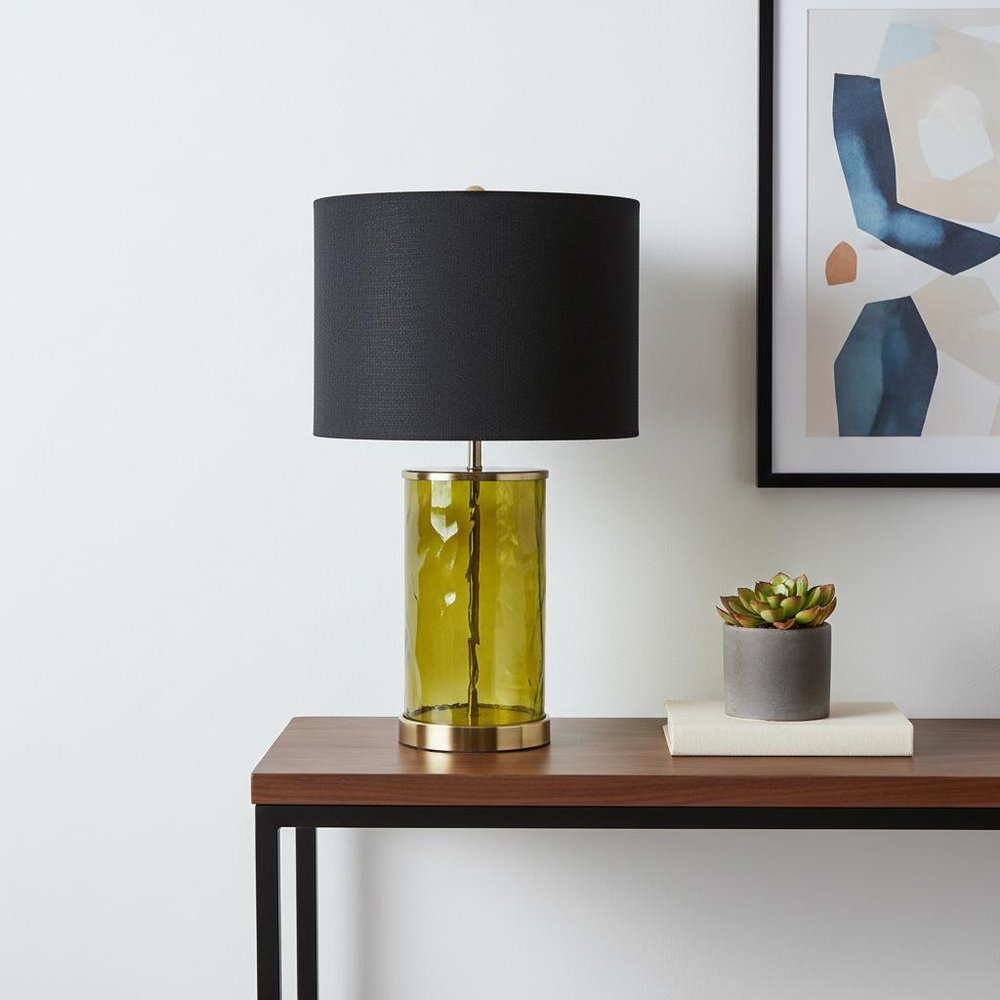 22" Green Glass LED Table Lamp With Black Drum Shade