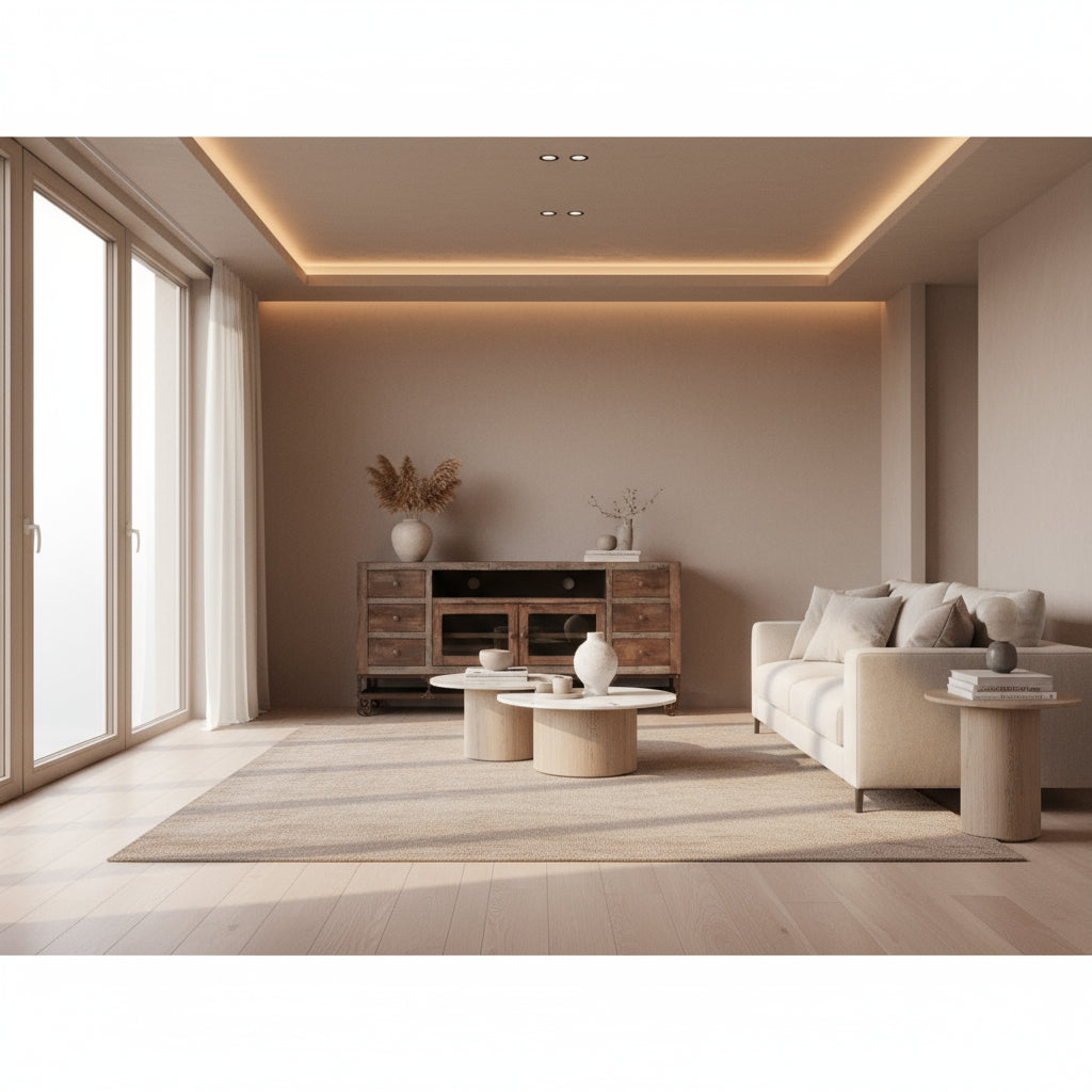 Wooden TV stand with multiple drawers and glass panels on a white background