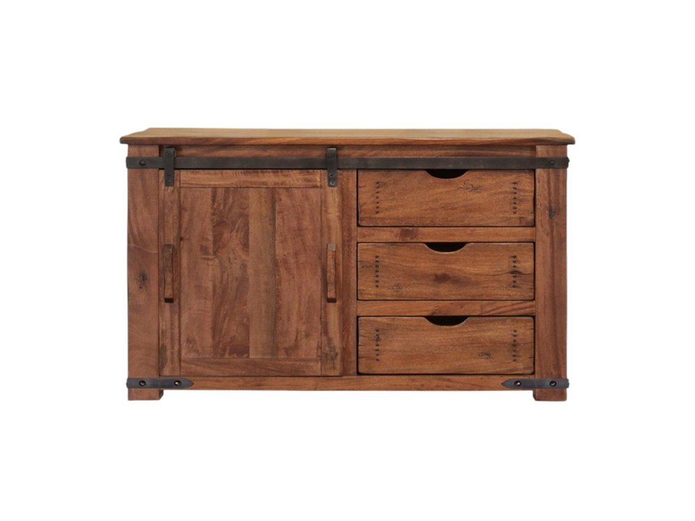 Wooden cabinet with sliding door and drawers on a white background