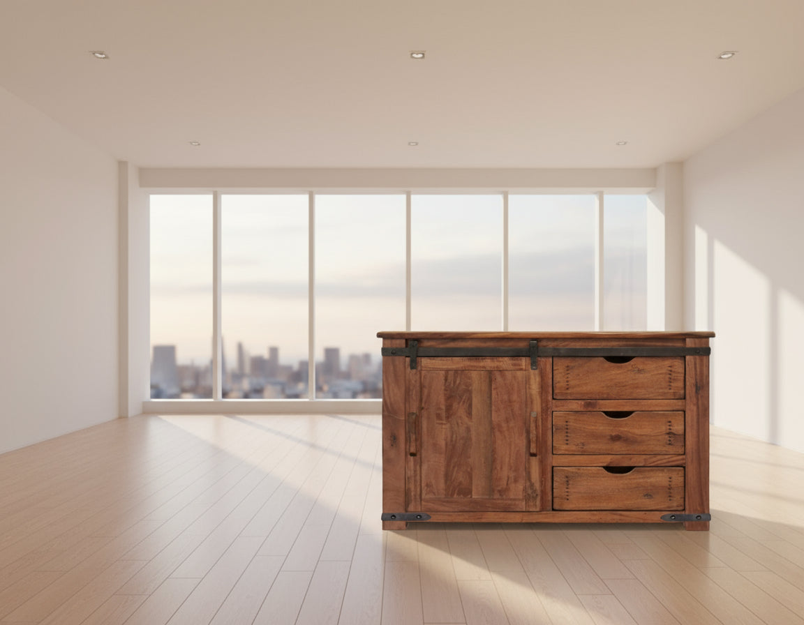 Wooden cabinet with a sliding door and drawers on a wooden floor.