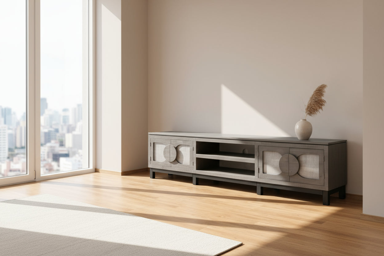 Wooden TV stand with decorative cutouts on a wooden floor against a beige wall