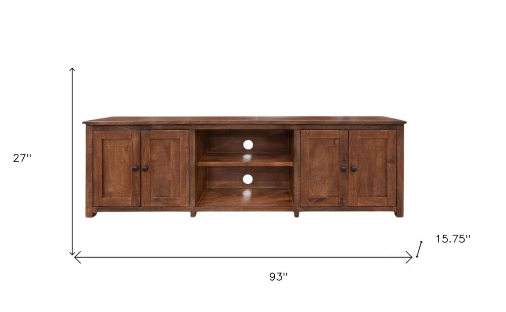 Wooden TV stand with dimensions labeled on a white background