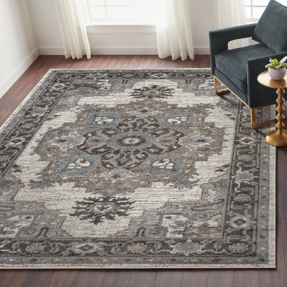 Ivory Taupe Gray Medallion Power Loom Area Rug - 8x10 | AUREMI