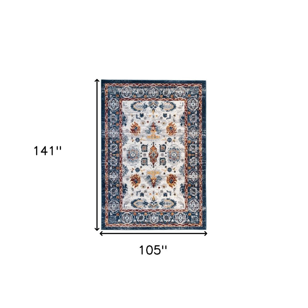 8' X 10' Ivory Navy and Orange Floral Power Loom Area Rug